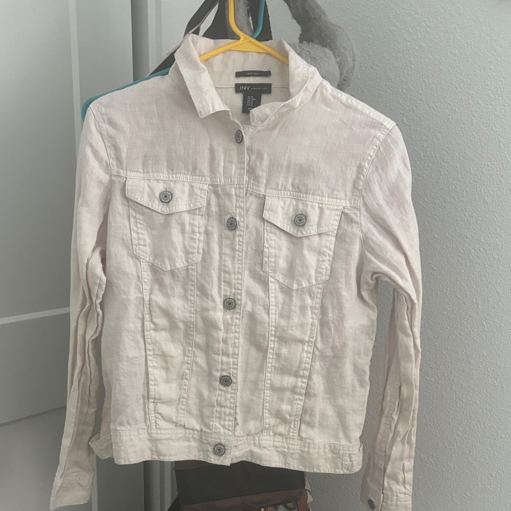 DKNY Women's Light Cream Linen Style Jean Jacket
